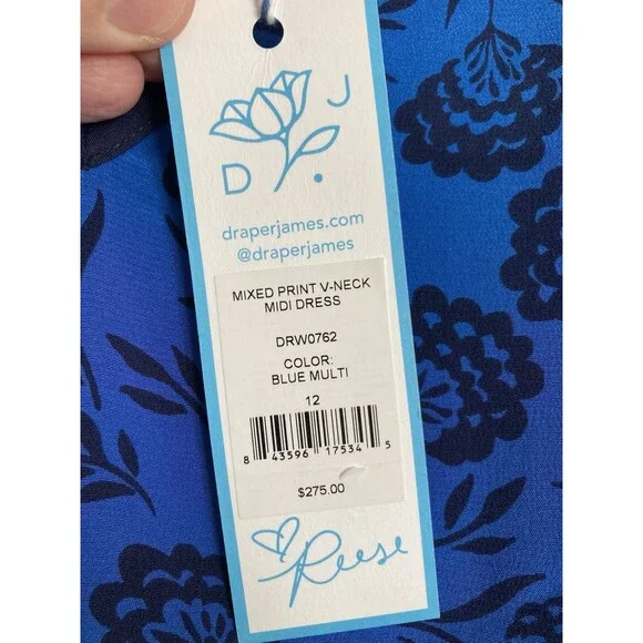 NEW Draper James Silk Midi Dress 12  Mixed Print Floral Blue - Picture 7 of 13